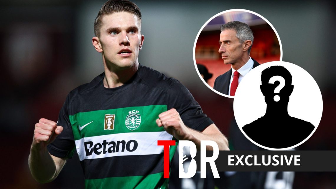 Sporting CP striker Viktor Gyokeres with insets of Arsenal director Andrea Berta and mystery silhouette