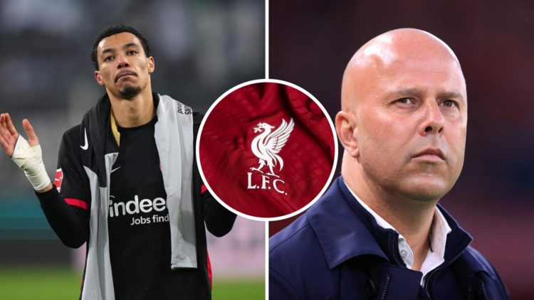 Split image of Hugo Ekitike and Arne Slot, Liverpool badge inset