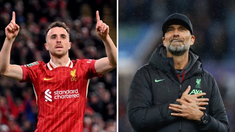 Split image of Liverpool forward Diogo Jota (left) celebrating goal at Anfield and former Liverpool Jurgen Klopp (right) gestures to fans after Pre...