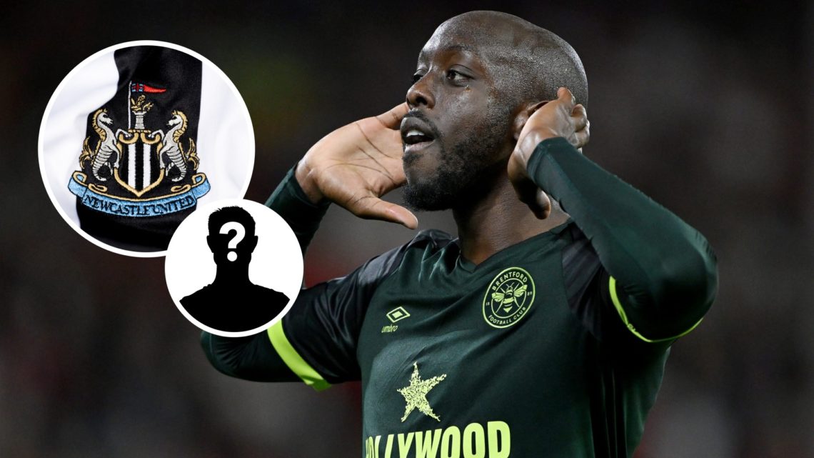 Yoane Wissa celebrates a goal for Brentford, Newcastle badge and mystery figure inset
