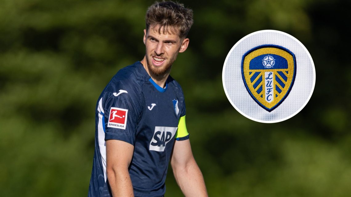 Leeds United defender Anton Stach with inset of Leeds United badge