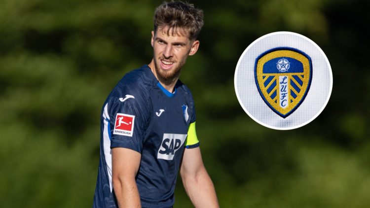 Leeds United defender Anton Stach with inset of Leeds United badge