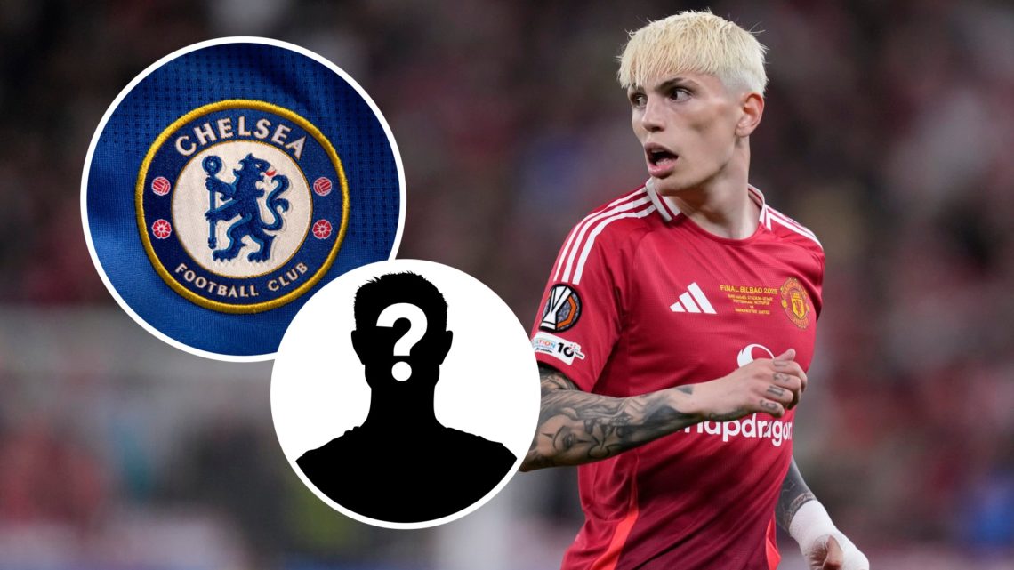 Alejandro Garnacho during the 2025 UEFA Europa League final between Manchester United and Tottenham, Chelsea badge and mystery figure inset
