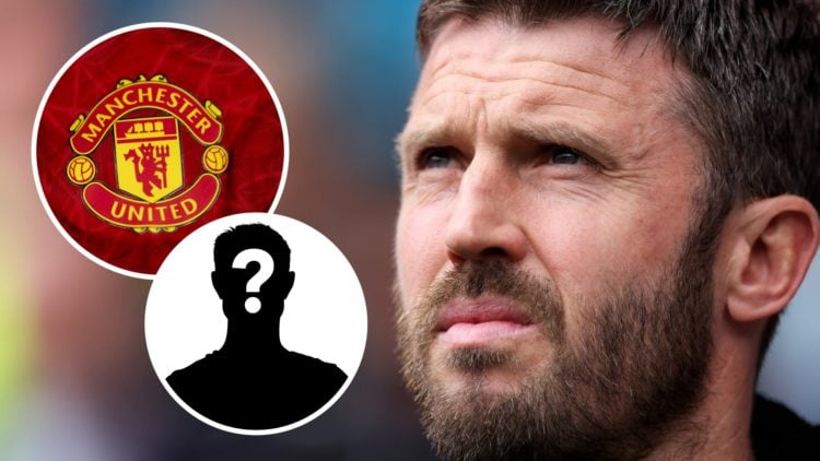 Michael Carrick looks on (right), mystery inset and Manchester United badge overlays (left)
