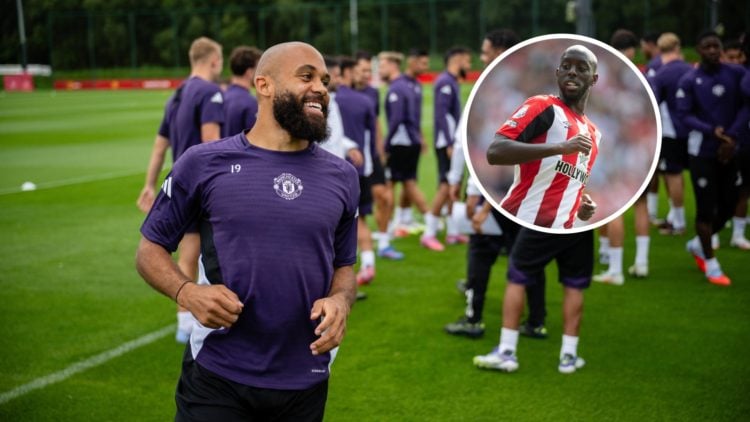 Manchester United forward Bryan Mbeumo with inset of Brentford forward Yoane Wissa