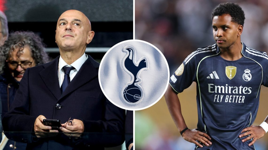 Split image of Tottenham Hotspur chairman Daniel Levy (L) and Real Madrid winger Rodrygo Goes (L) during Club World Cup. Inset of Spurs badge.