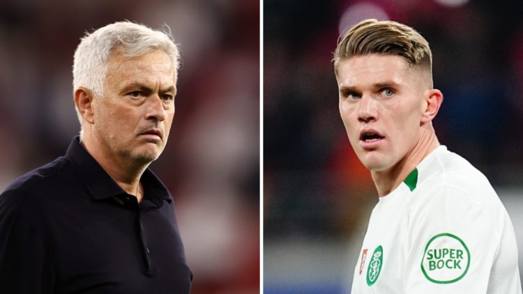 Split image of (L) Jose Mourinho looking on during an AS Roma game and (R) Viktor Gyokeres watching on while in action for Sporting CP