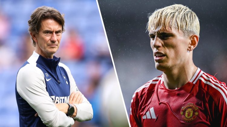 Split image of (L) Thomas Frank looking on during a Tottenham friendly and (R) Alejandro Garnacho in action for Manchester United