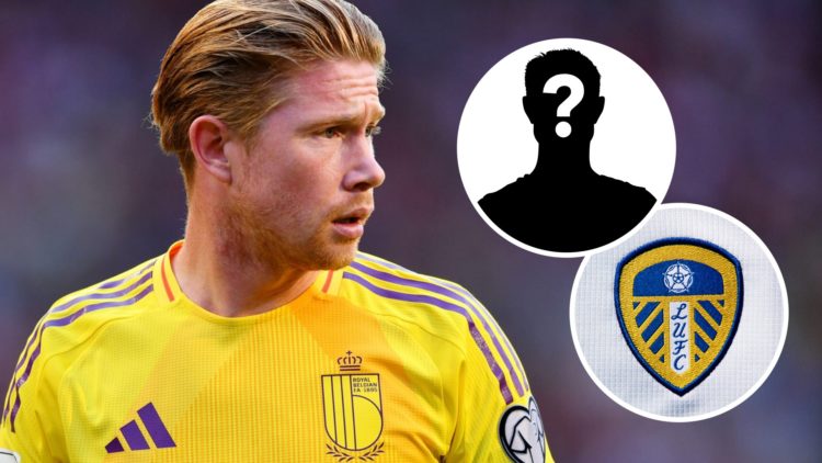 Kevin De Bruyne looks on for Belgium alongside a Leeds badge.