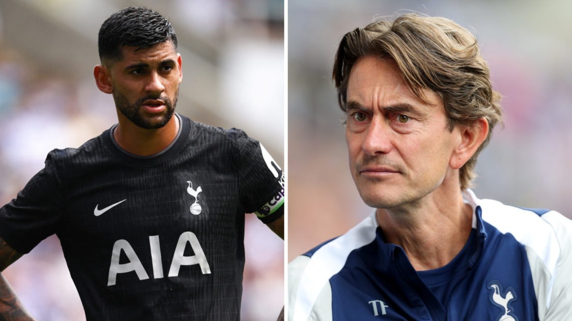 Split image of Tottenham Hotspur defender Cristian Romero (L) during game against Reading and new Spurs boss Thomas Frank (R) ahead of the friendly.