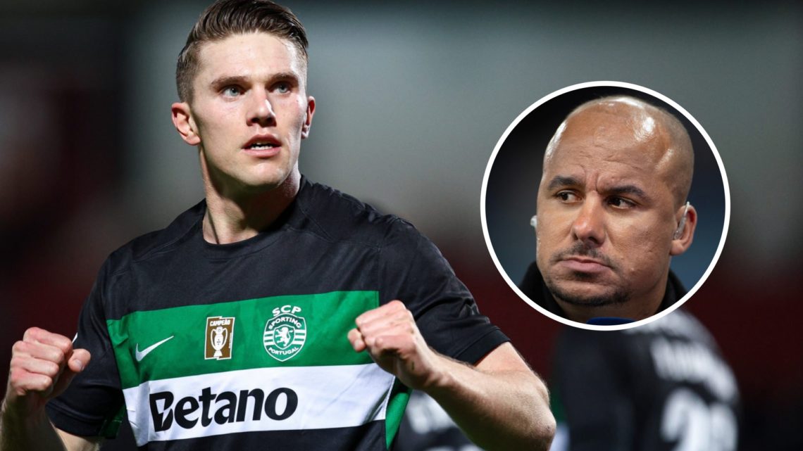Viktor Gyokeres celebrates scoring for Sporting CP alongside an inset of Gabriel Agbonlahor.