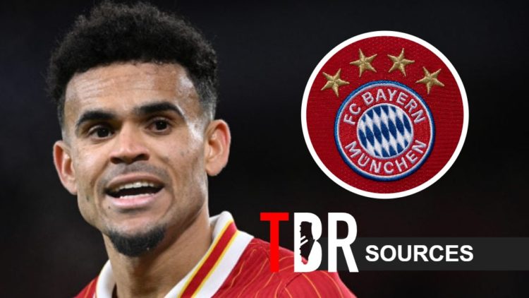 Luis Diaz of Liverpool looks on (left) and the Bayern Munich badge (right)