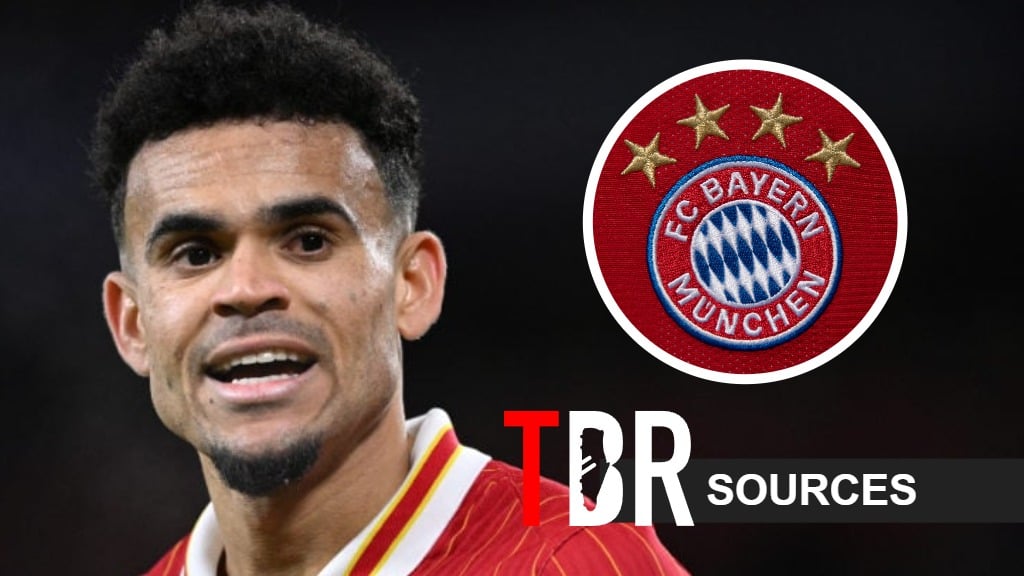 Luis Diaz of Liverpool looks on (left) and the Bayern Munich badge (right)