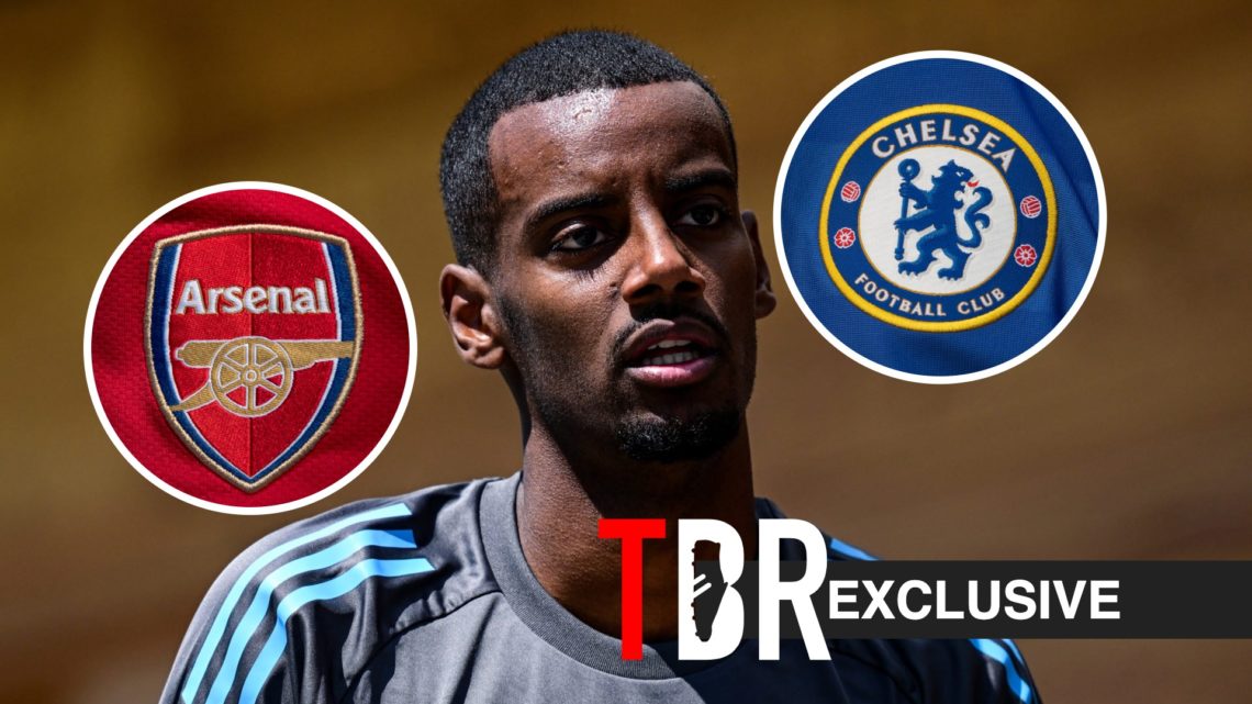 Alexander Isak in Newcastle United training, Arsenal badge, Chelsea badge, TBR logo and exclusive tag inset