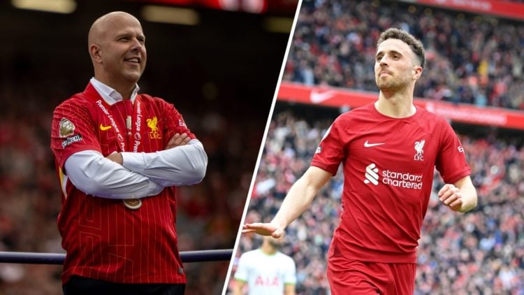 Split image of Liverpool manager Arne Slot (left) during Premier League title celebrations and Diogo Jota (right) scoring for Liverpool during a Pr...