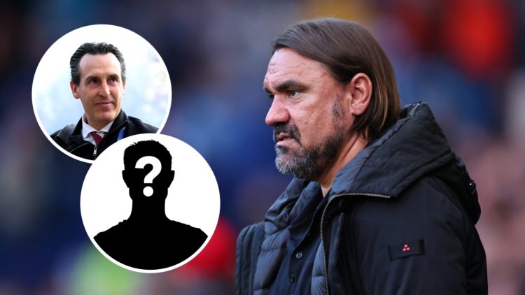Leeds United manager Daniel Farke with inset of Aston Villa manager Unai Emery and mystery silhouette