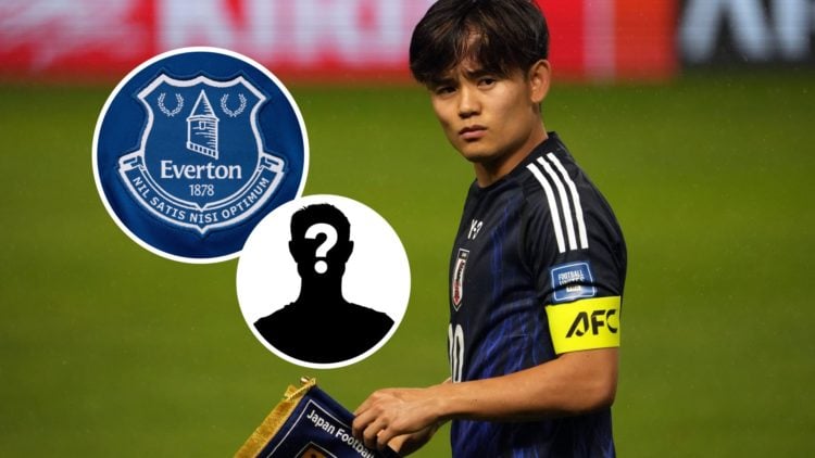 Takefusa Kubo in action for Japan, Everton badge and mystery figure inset