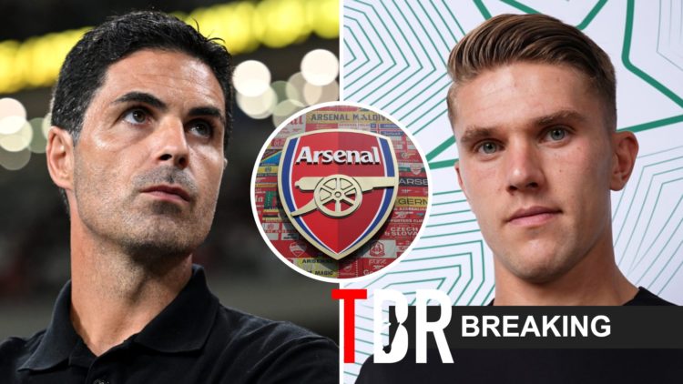 Mikel Arteta (left) and Viktor Gyokeres (right) with an Arsenal badge in the centre