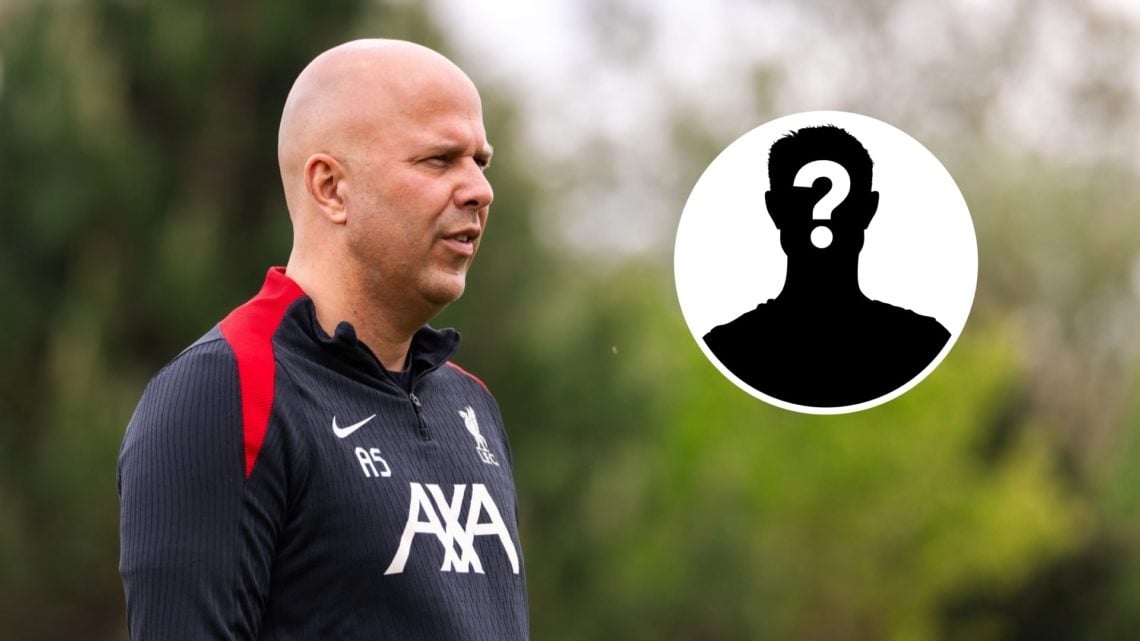 Image of Arne Slot looking on during a Liverpool training session with an inset of a mystery player