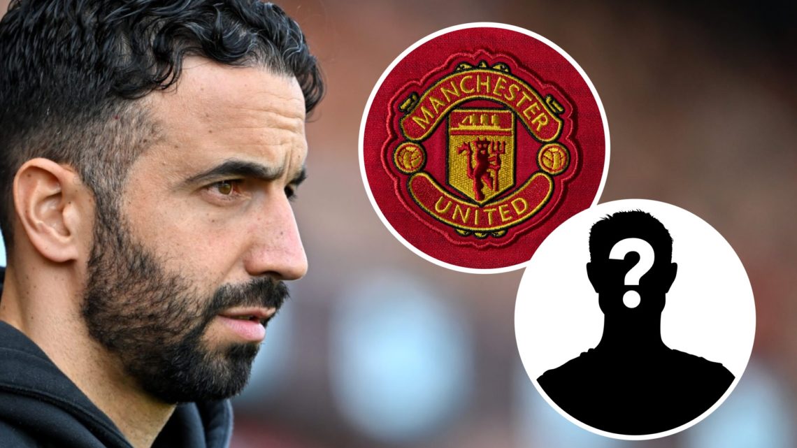 Ruben Amorim (left) and Manchester United badge with mystery player overlay (right)