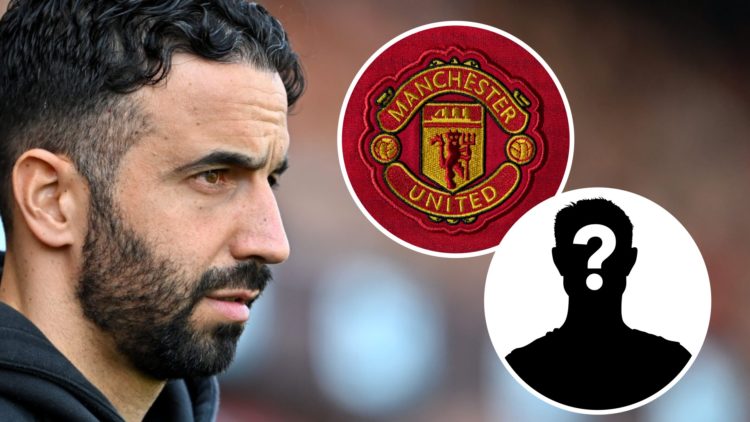 Ruben Amorim (left) and Manchester United badge with mystery player overlay (right)