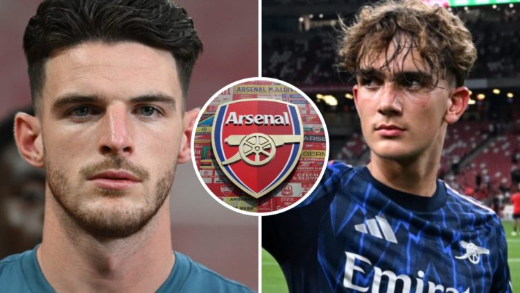 Declan Rice (left) looks down the camera, Max Dowman (right) waves to fans and Arsenal badge (middle)