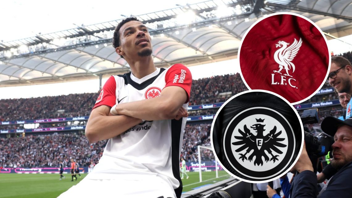 Frankfurt striker Hugo Ekitike celebrates during Bundesliga match. Inset of Liverpool badge.