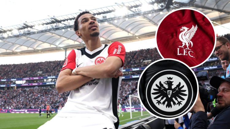 Frankfurt striker Hugo Ekitike celebrates during Bundesliga match. Inset of Liverpool badge.