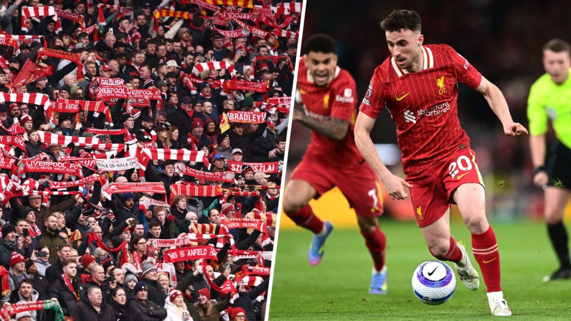 Split image of Liverpool fans and Diogo Jota