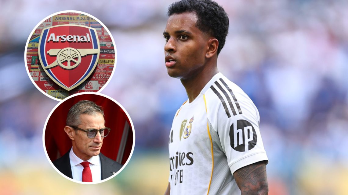Real Madrid forward Rodrygo Goes during FIFA Club World Cup. Inset of Arsenal badge and Andrea Berta.