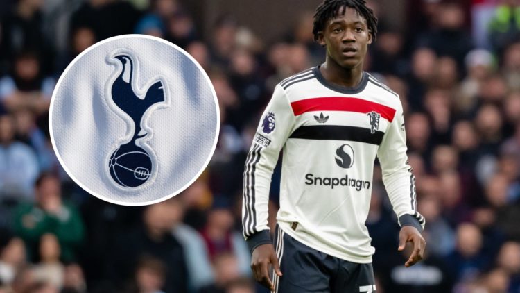 Manchester United midfielder Kobbie Mainoo during Premier League match. Inset of Tottenham Hotspur bagde.