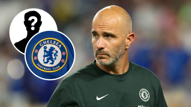 Enzo Maresca looks on during Chelsea vs Esperance de Tunis. Chelsea club badge.