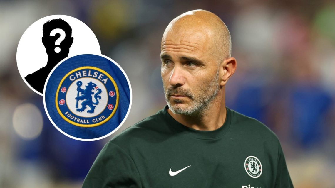 Enzo Maresca looks on during Chelsea vs Esperance de Tunis. Chelsea club badge.