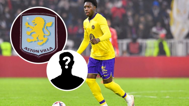 Jaydee Canvot in action for Toulouse, Aston Villa badge and mystery figure inset