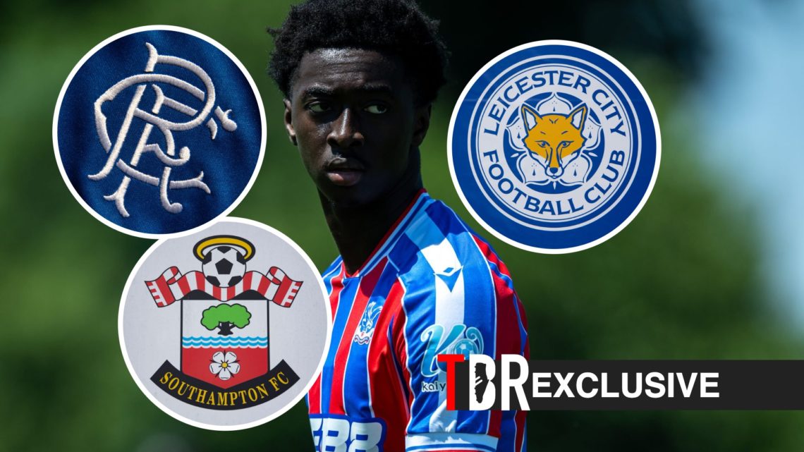 Jesurun Rak-Sakyi in action for Crystal Palace, Southampton badge, Leicester badge, Rangers badge, TBR logo and exclusive tag inset