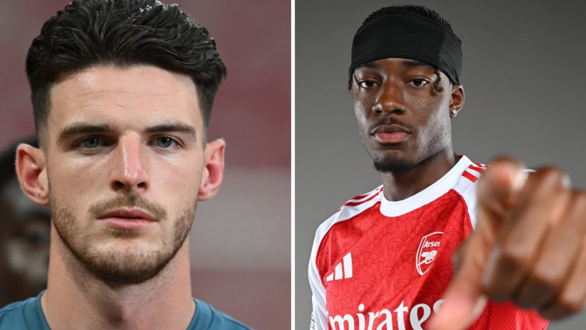 Declan Rice (left) and Noni Madueke (right) of Arsenal look down the camera