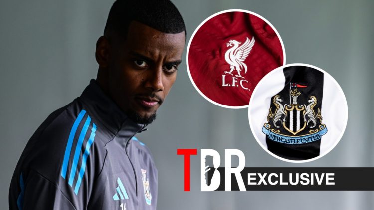 Alexander Isak in training with Newcastle, Liverpool badge, Newcastle badge, TBR logo and exclusive tag inset