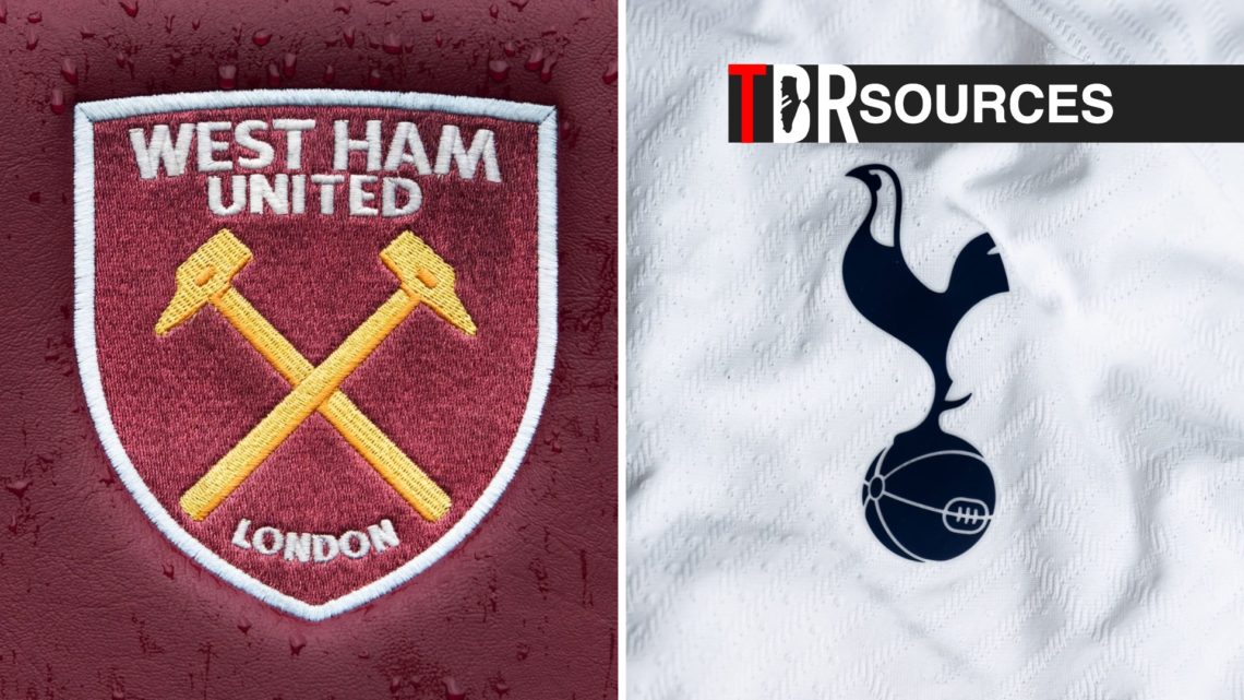 Split image of West Ham badge and Tottenham badge, TBR logo and sources tag inset