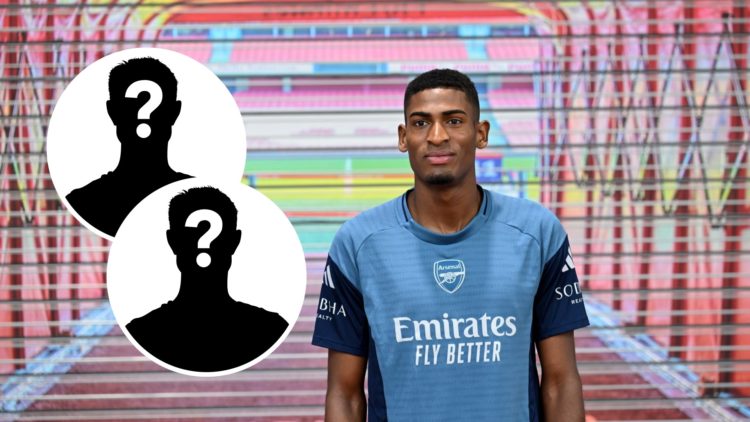 New Arsenal signing Cristhian Mosquera with two insets of mystery silhouettes