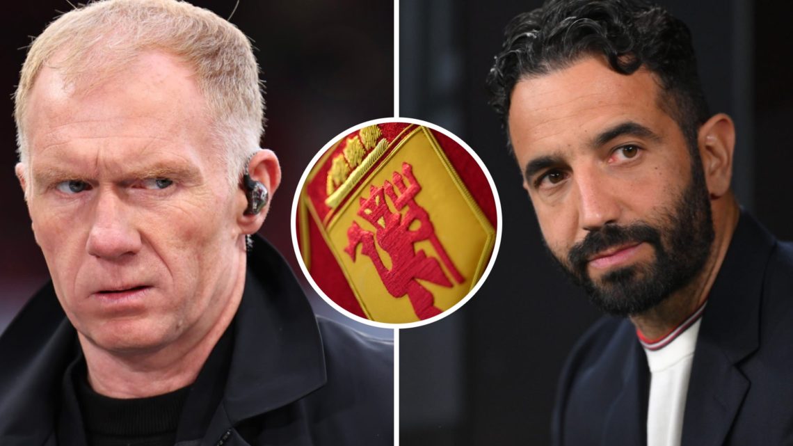 Paul Scholes (left) and Ruben Amorim (right) staring directly at the camera, Man Utd badge (middle)