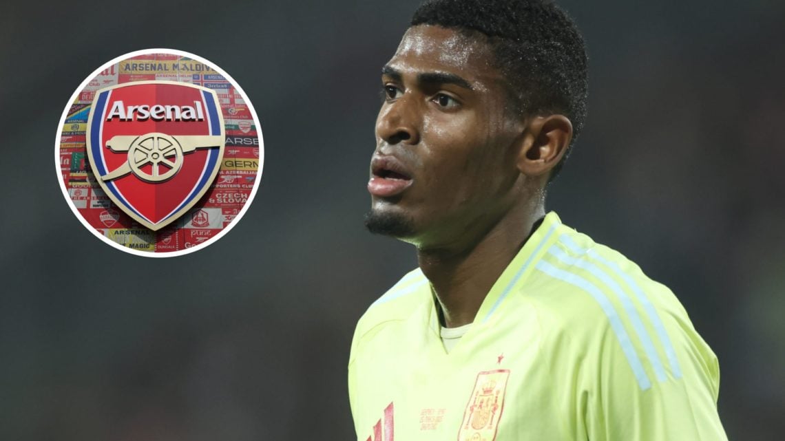 Arsenal defender Cristhian Mosquera with inset of Arsenal badge