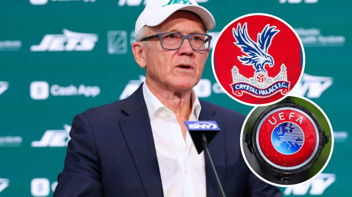 Image of Woody Johnson, Crystal Palace badge and UEFA logo inset