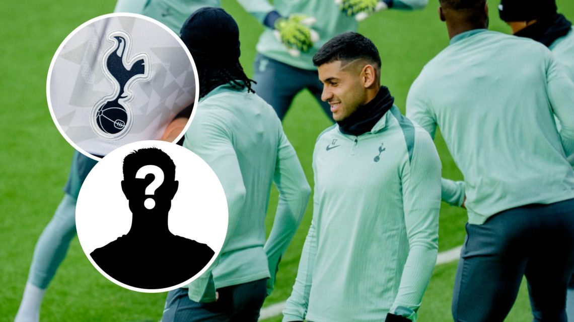 Tottenham Hotspur defender Cristian Romero during training session. Inset of Spurs badge and a mystery player.