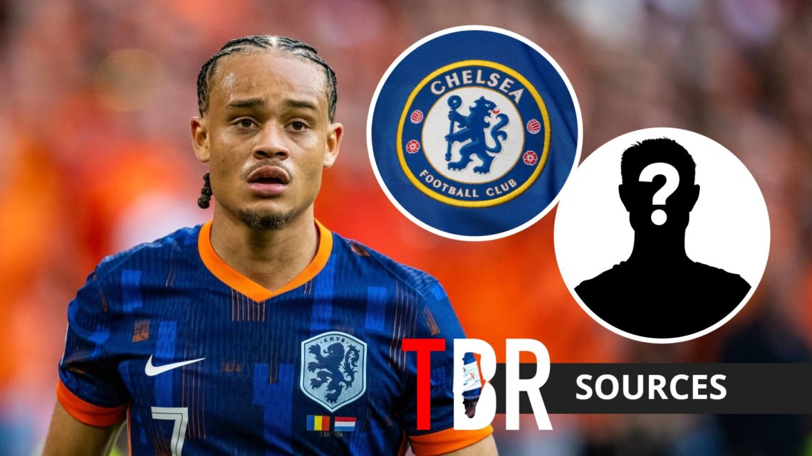 RB Leipzig attacker Xavi Simons with inset of Chelsea badge