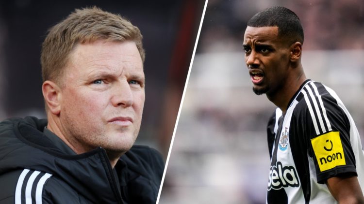 Split image of (L) Eddie Howe and (R) Alexander Isak both looking on during a Newcastle United game