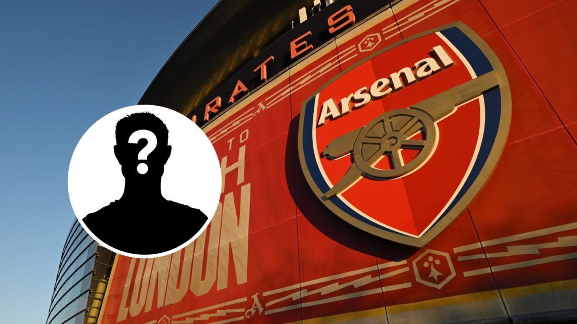 An outside view of Arsenal's Emirates Stadium with an inset of a mystery player
