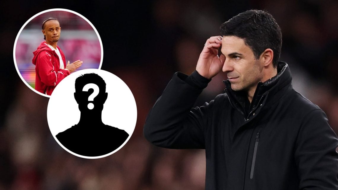 Image of Mikel Arteta looking on during an Arsenal game with insets of a dejected Xavi Simons aftera RB Leipzig clash and a mystery player