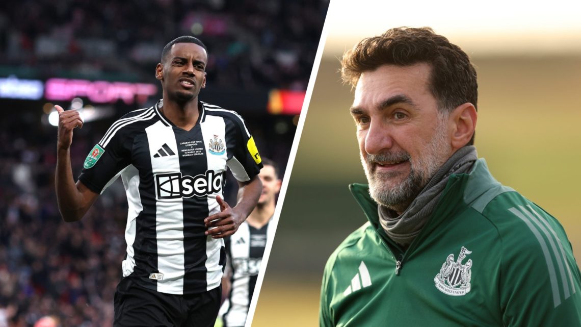 Alexander Isak scores for Newcastle United against Liverpool in the Carabao Cup final. Newcastle United and PIF chairman Yasir Al-Rumayyan wearing ...