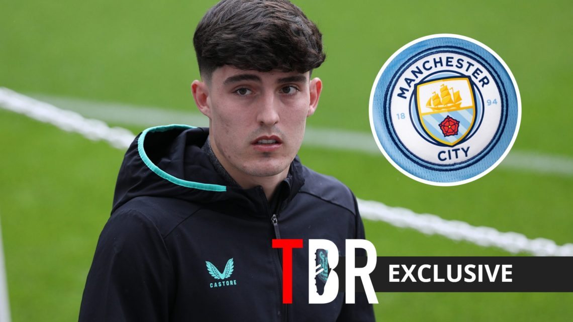 Newcastle United defender Tino Livramento with inset of Manchester City badge