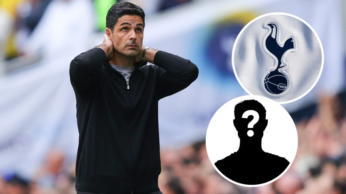 Arsenal manager Mikel Arteta looks gutted at the Tottenham Hotspur stadium. Inset of Spurs crest and a mystery player.